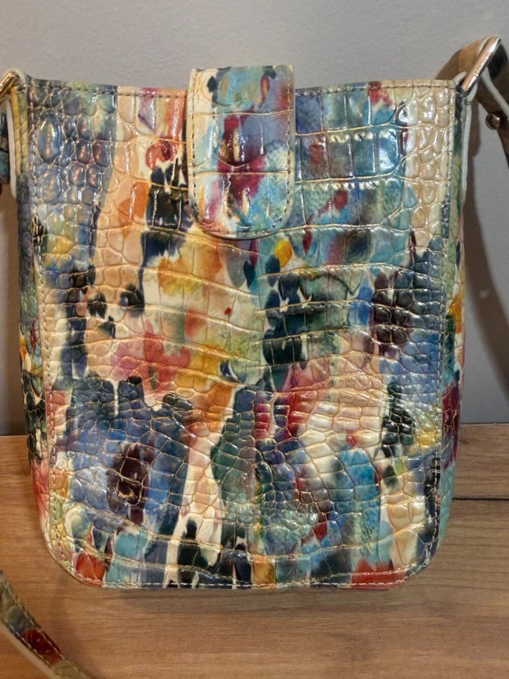 Brahmin Multicolor Floral Croc Embossed Leather Crossbody Shoulder Bag